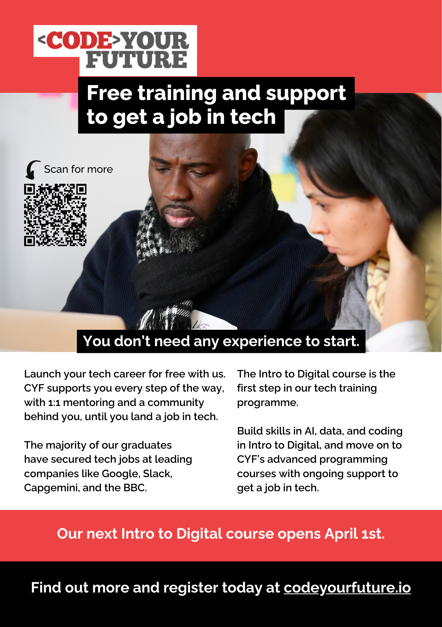 Flyer for CYF's April Intro to Digital course